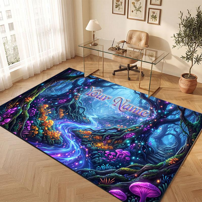Mushroom Forest Theme Crystal Velvet Floor Rug Personalized Custom Name Text Warm Carpet Home Decoration