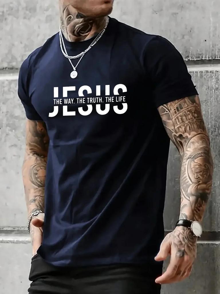 Men's summer 100% pure cotton casual Jesus Road Truth Life letter print outdoor sports round-neck short-sleeved top