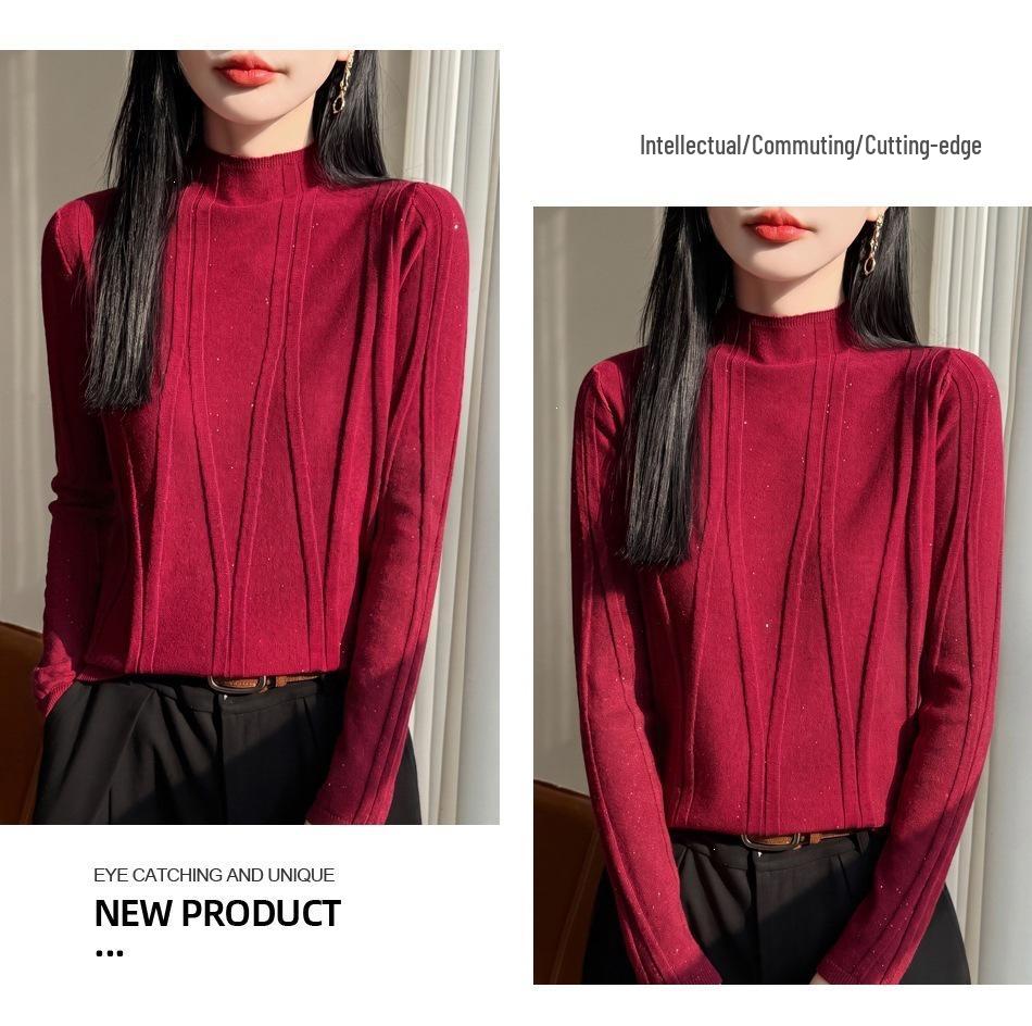 2026 Women's Autumn/Winter Slim-Fit Rhinestone Knit Sweater with Half-High Collar