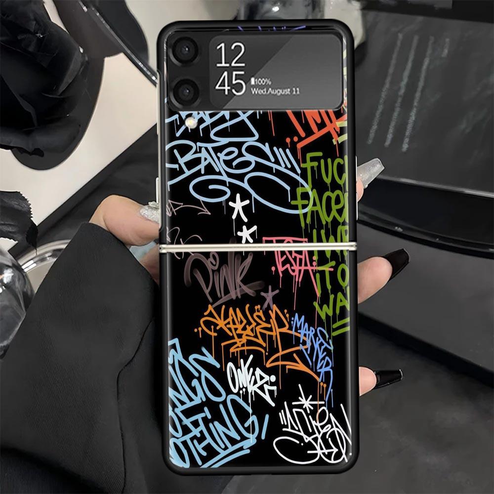 Graffiti Fashion Cool Phone Case for Samsung Galaxy Z Flip 7 6 5 4 3 5G Black Cover ZFlip7 ZFlip6 ZFlip5 ZFlip4 ZFlip3 Fundas Ga