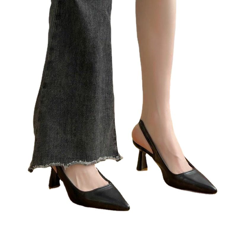 Baotou dos vide sandales talons hauts femmes talon épais printemps nouvelles chaussures simples bout pointu chaussures de travail noires talons hauts