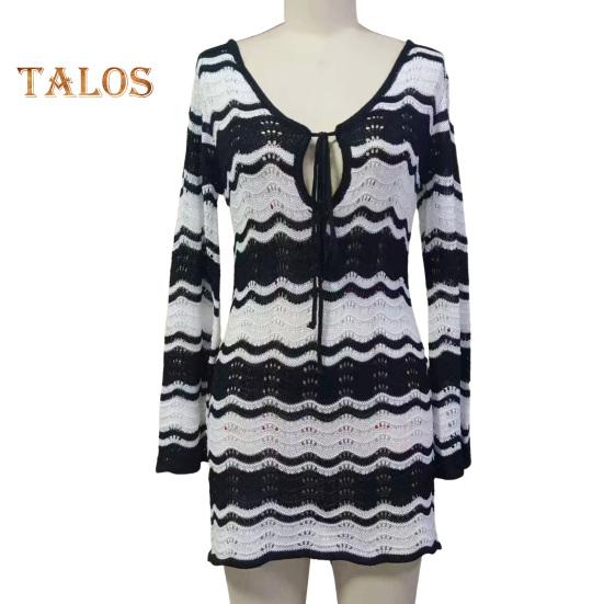 Women's Swimwear Cover-Up Striped Crochet Hollow Out Mesh Beach Dress V-Neck Tie Front Long Sleeve Summer Bathing Suit for Beach Vacation