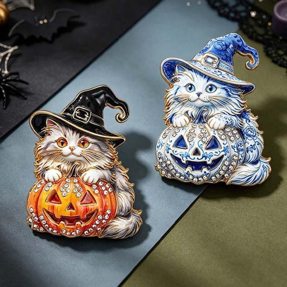 Shiny Halloween Cat Brooch Vibrant Colors Witch Hat Badge Cosplay Festival