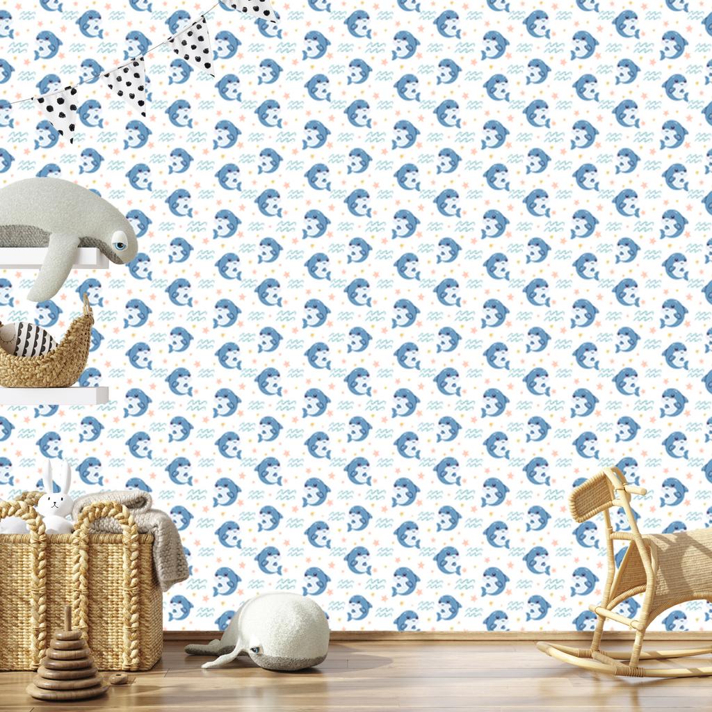 Dolphins Wallpaper White and Azure for Living Room and Bedroom 50x1000