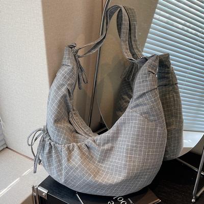 New Plaid Drawstring College Student Cloth Bag for Commuting To Work Shoulder Bag Preppy Style Casual Crossbody Dumpling Bag