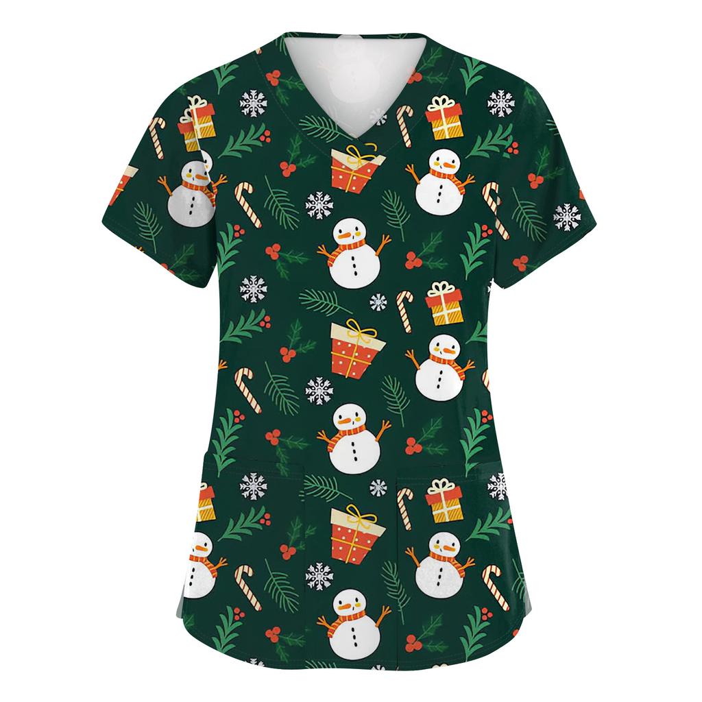 Women's Fashion Short Sleeve Christmas Print V-Neck Pocket Workwear Tops