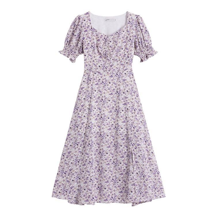 New French bubble sleeve split chiffon oil painting lavender spring summer autumn floral retro dress women S