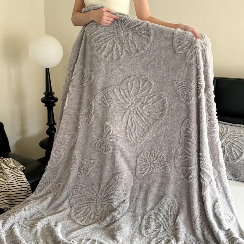 Luxurious Chiffon Butterfly Jacquard Throw Blanket Velvet Nap Blanket Office Shawl Comfortable Blanket Warm Sofa Blankets for Bed Quilt