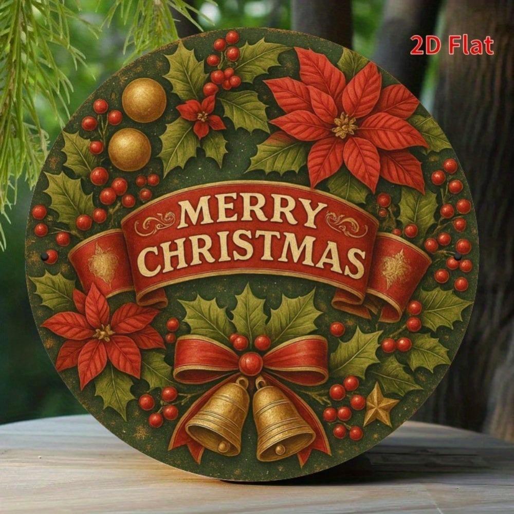 Vintage Christmas Wreath Metal Wall Art Festive Poinsettias Bells Ribbon Gift Home Decor Kitchen Holiday Office Garden