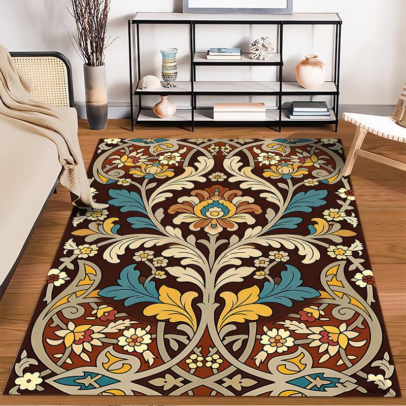 Floral Pattern Carpet with Vintage Style, Brown Background Living Room Rug Suitable for use as an anti-slip for living room bedroom sofas