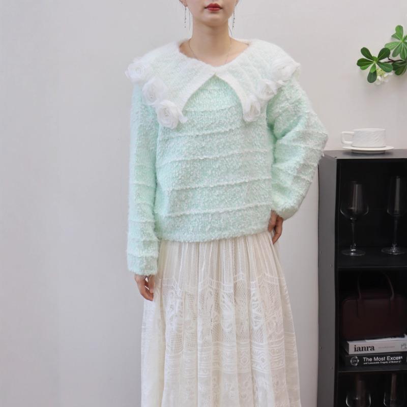 Autumn and Winter New Doll Collar Three-dimensional Flower Knitted Sweater Top Soft Waxy Loose Gentle Wind Sweater Pullover Woman