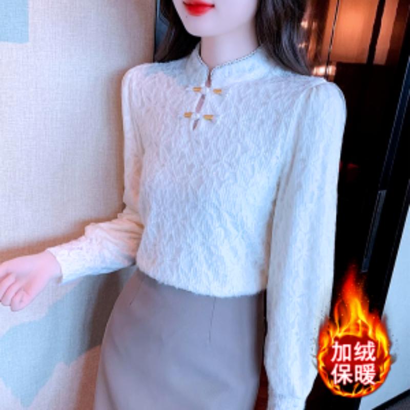 Autumn and Winter Velvet Lace Long-sleeved Bottoming Women's New Flocked Thickened Plate Buckle Western Inner Top