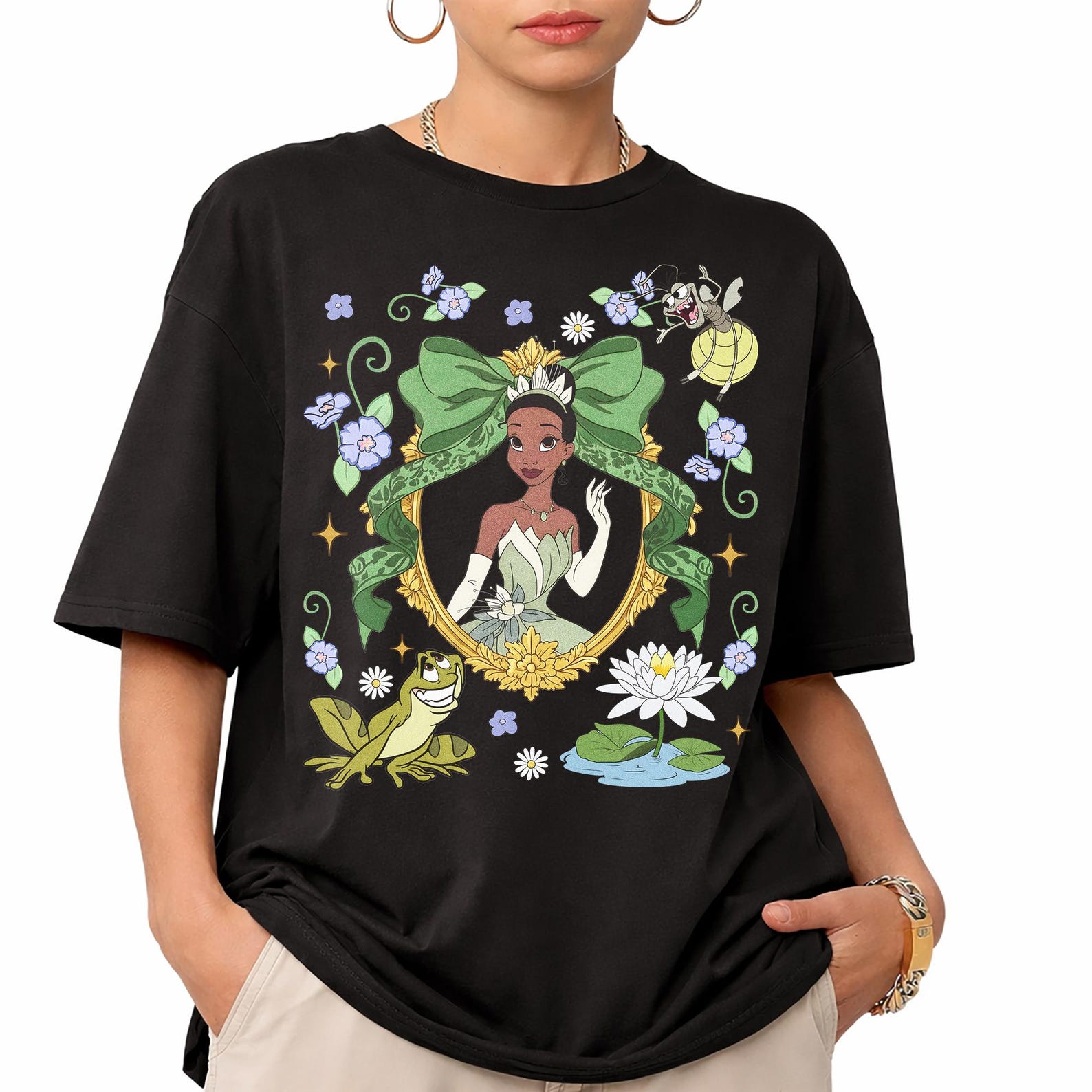 Princess Tiana Floral Graphic Tee, The Princess And The Frog Shirt, Coquette Mirror Design 2XL