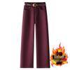 Ancola Red High-Waisted Slim Wide-Leg Velvet Jeans for Women – 2024 Winter Collection