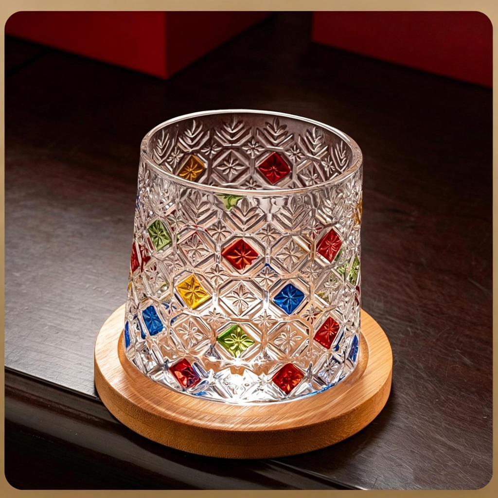 Colorful Hand-Painted Crystal Whiskey Glass, Vintage Embossed Tumbler for Bar & Home