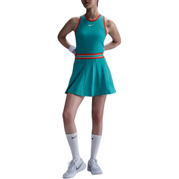 Nike Logo Fitted Round Neck Short Sleeveless Dress Women Dresses Blue-Green FZ6742-345