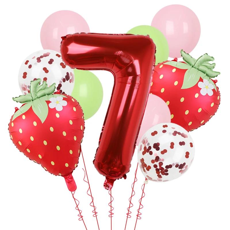 11Pcs 32inch Red 1-9 Years Old Digital Aluminum Film Strawberry Red Polka Dot Balloons Set Birthday Party Baby Shower Supplies