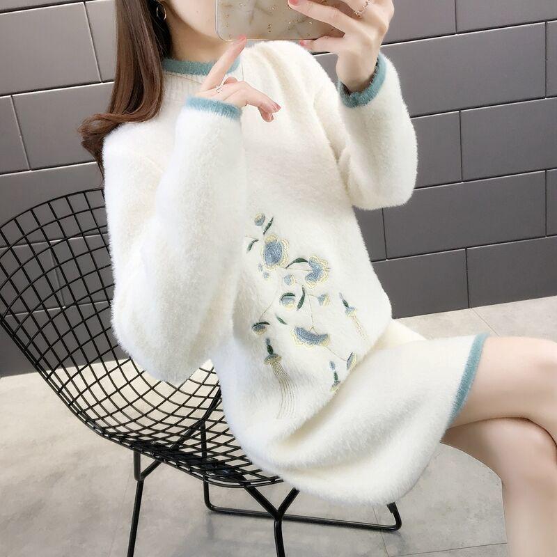Womens Thick Fleece Knit Dress Mid-Length Embroidered Loose Fall Winter Casual Warm Sweater Top