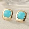 Vintage Square Synthetic Turquoise Copper Material Stud Earrings Women Elegant Exquisite Golden Plated Daily Jewelry Accessories