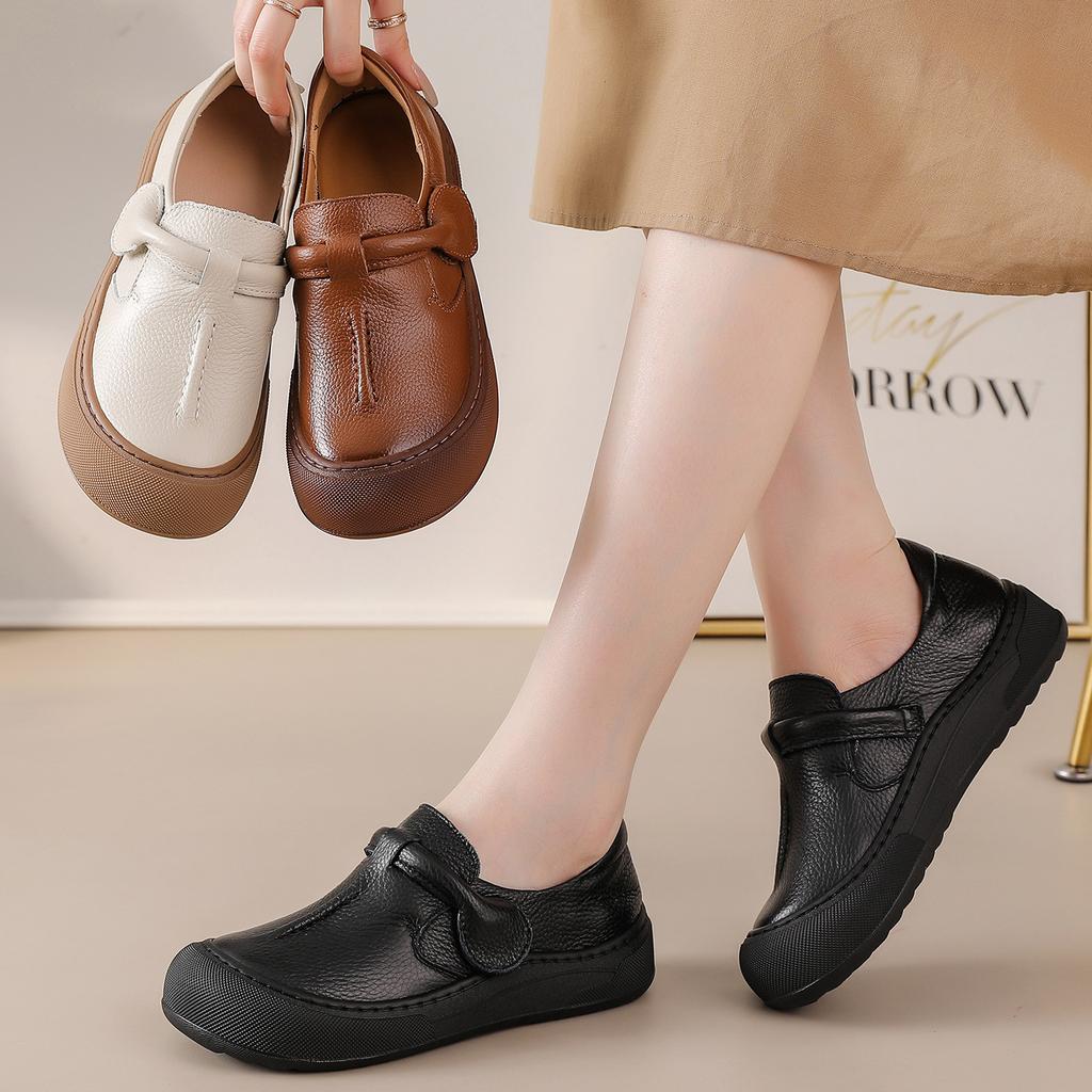 Original Natural Leather Shoes for Women Vintage Comfort Round Toe Mom Flats Woman Slip On Orthopedic Loafers Ladies Moccasins