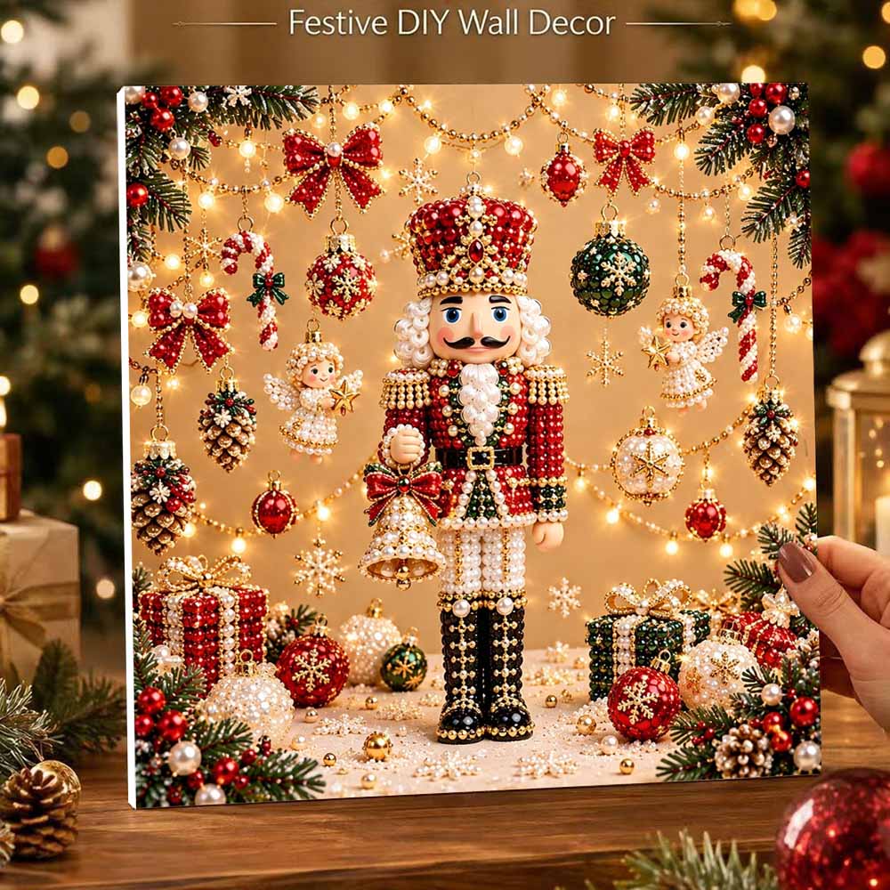 DIY Framed Pearl Painting Kit with Nutcracker Christmas Decor 5D Sparkling Bead Art Canvas Ready to Display Home Decor Gift Idea Elegant Festive Set