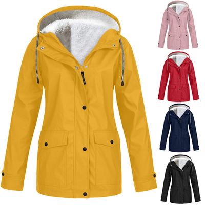 Women Solid Plush Rain Outdoor Plus Size Hooded Raincoat Windproof Jacket Coat