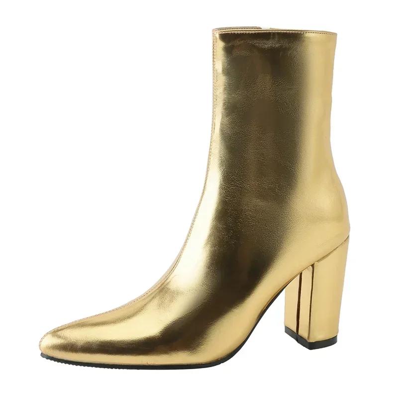 

Зимние женские серебристые золотистые металлические ботильоны из ПУ на высоком толстом каблуке, модные ботинки на молнии с плюшевой подкладкой, с острым носком, для вечеринки, офиса 46 золотой