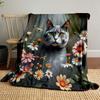 Cat with Bright Eyes and Wildflowers Patterned Blanket, Flannel, Suitable for All Seasons, Home Decor, Warm and Cozy