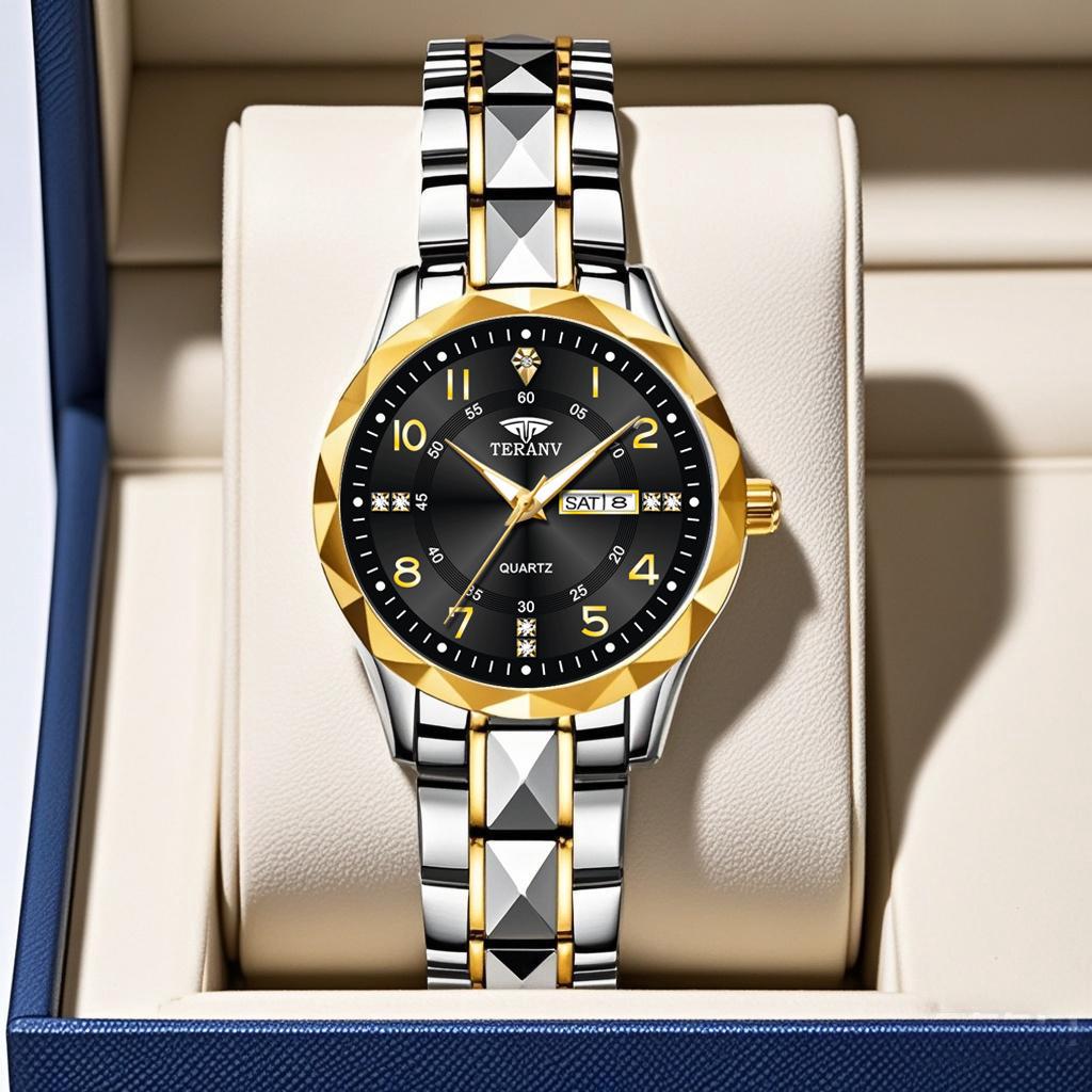 Rhombus Ladies Dual Calendar Waterproof Luminous Wristwatch with Solid Strap - Fashionable Gift for Women
