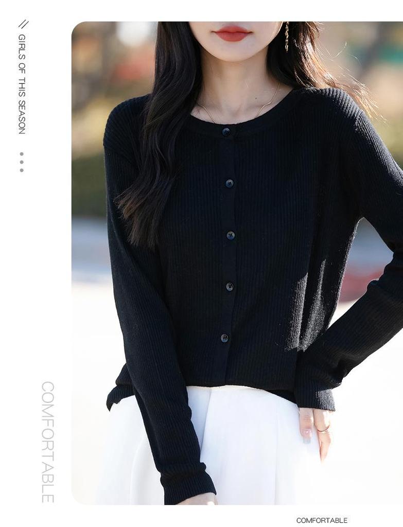 Women's Korean Style Loose Wool Cardigan - Round Neck, Long Sleeve, Spring Outerwear