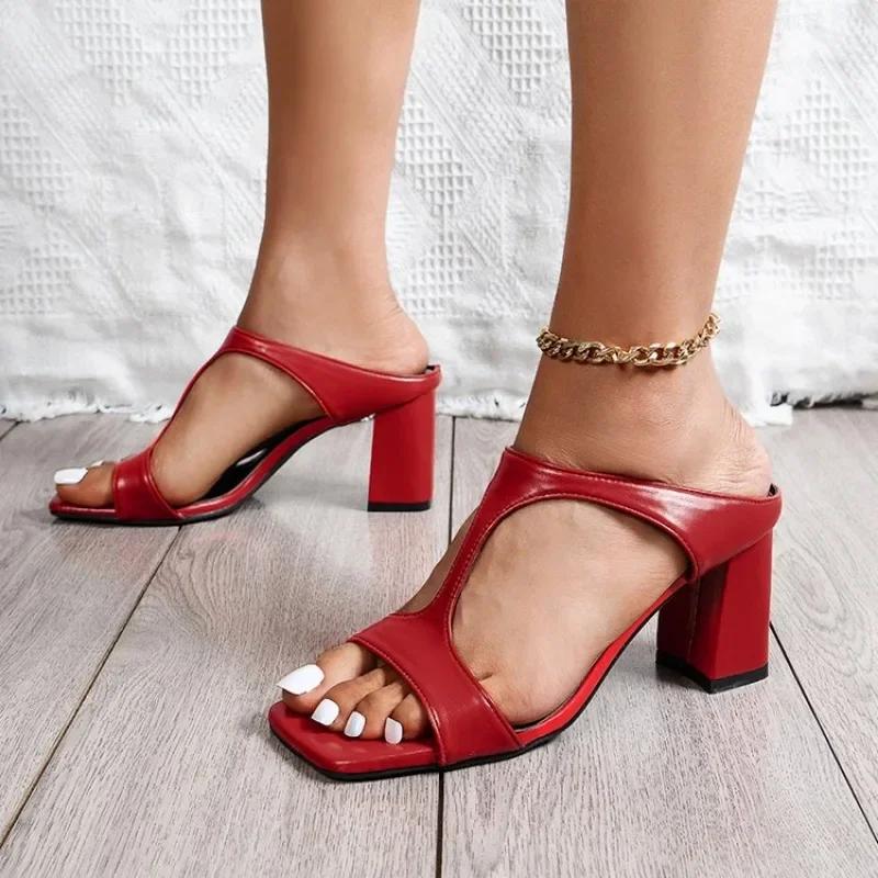 Women's High Heel Shoes 2026 Spring New Slippers Fashion Versatile Solid Color Medium Heel Thick Heel Square Toe Sandals Women