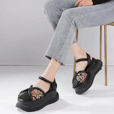 Sandały na płaskiej platformie w stylu etnicznym Prawdziwa skóra patchworkowa, bawełniana lniana Buty damskie w stylu retro