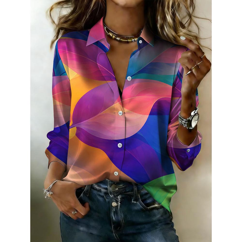 

Women s retro abstract print satin blouse with button collar. Suitable for individualized outfits. Full print design, suitable for all seasons. 2XL