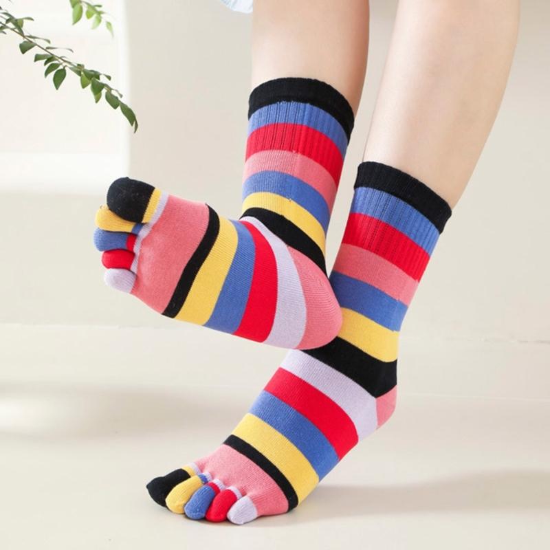 Calzini a strisce arcobaleno a tubo medio per donne e ragazze, casual, traspiranti, a cinque dita separate, per corsa e sport