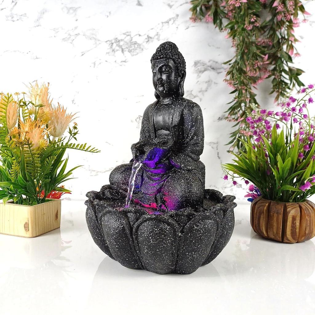 Lotus Buddha Table Top Water Fountain with RGB LED Light for Home Décor/Gift/Vastu/Pooja/Reception/House Warming (Black Stone)