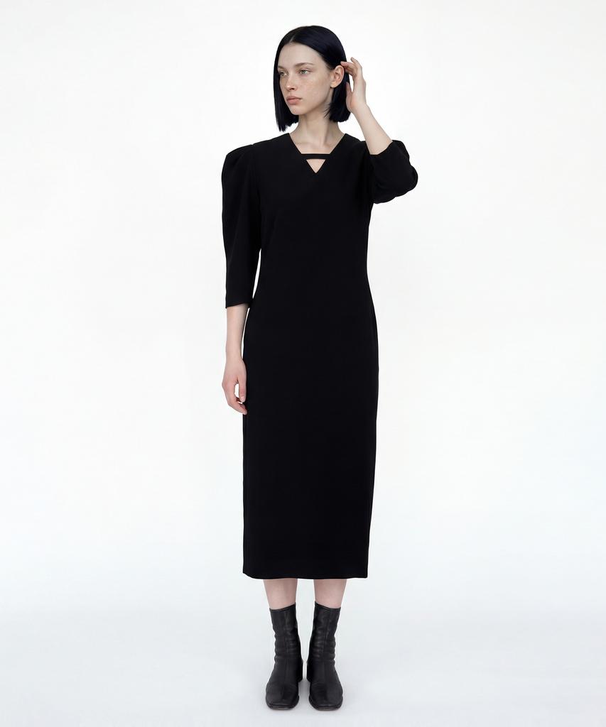 Myuleus Puff Shoulder Long Dress Imported Fabric [Black]