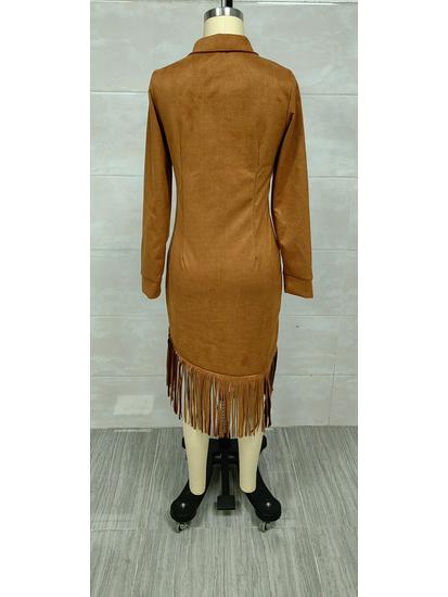 2025 Western Cowboy Style Suede Tassel Slim Fit Long Sleeve Dress