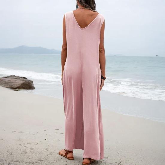 Women Casual Loose Long Bib Pants Sleeveless Wide Leg Baggy Jumpsuits Cotton Romper Overalls with Pockets