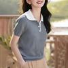 Spring Summer Embroidered Polo Collar Knit Top Women Buttons Short Sleeve Shirt
