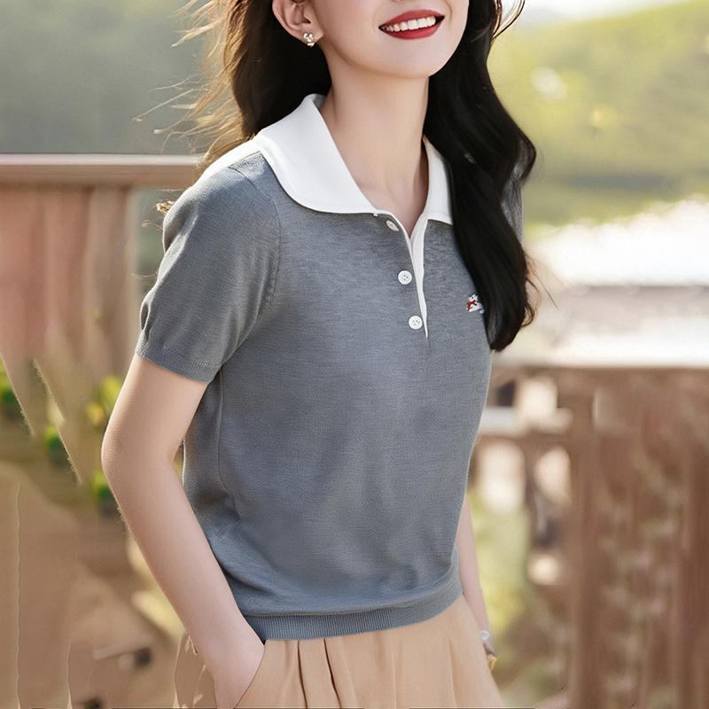 Spring Summer Embroidered Polo Collar Knit Top Women Buttons Short Sleeve Shirt