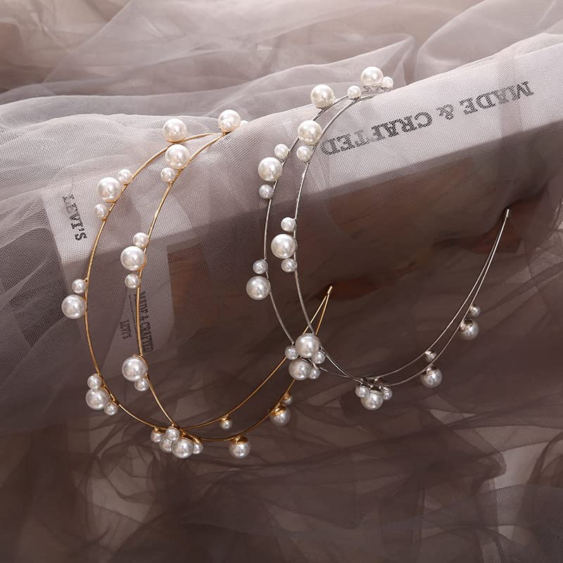 Double Layer Pearl Beaded Headbands Hair Hoops Bridal Hairbands Wedding Hair Accessories Fashion Elegant Pearl Headbands for Women Girls (Gold)