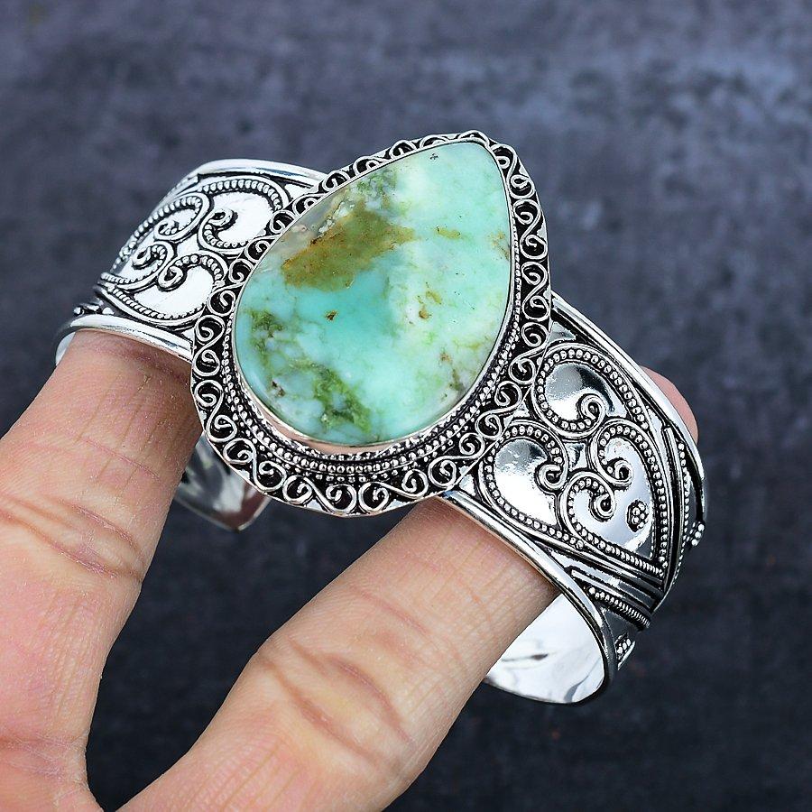 Chrysoprase Gemstone Handmade 925 Sterling Silver Cuff Bangle Adjustable S2Y56