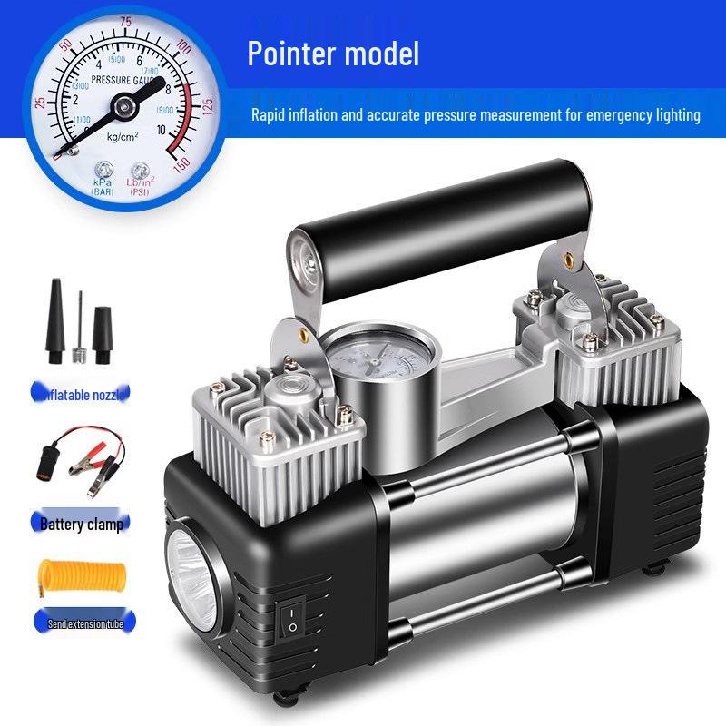 Dual Cylinder Car Air Pump, 150W - High Pressure, Multi-Function, Auto Fill & Stop for Sedan Tires.