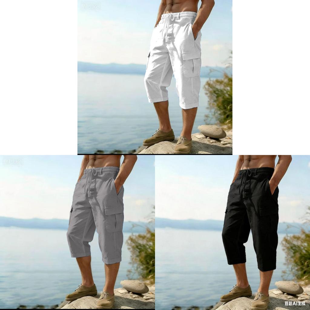 Pantaloni Cargo Casual da Uomo in Cotone e Lino con Tasche Multiple per la Moda Primavera Estate