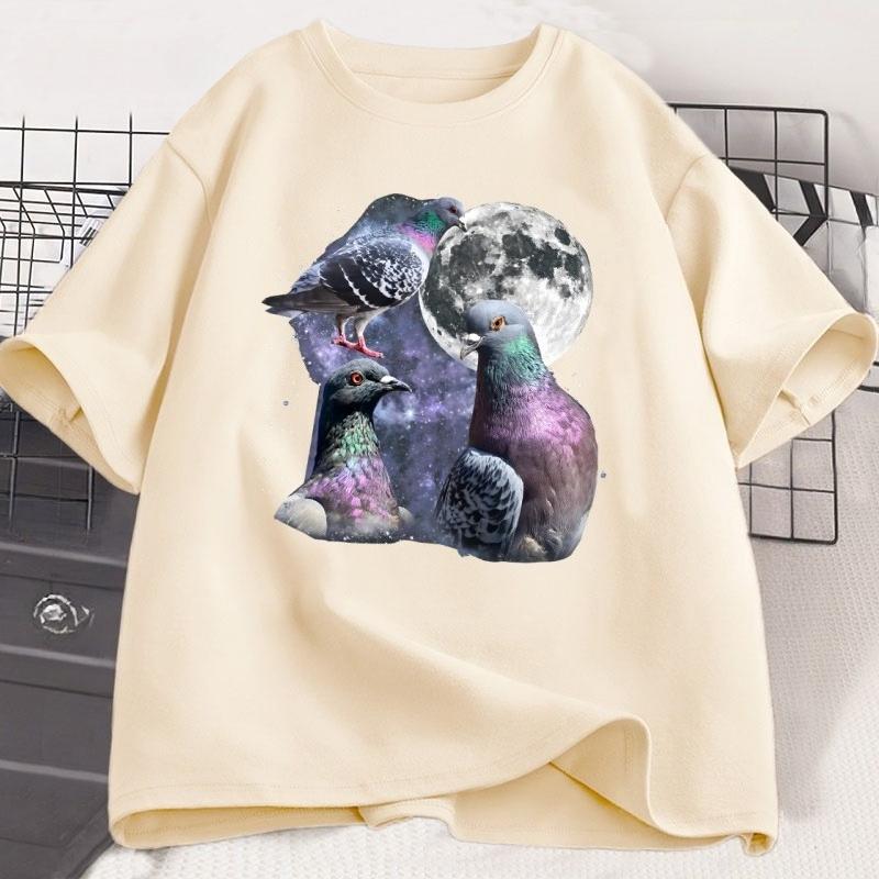 Tre T-shirt Grafiche Retrò con Piccioni T-shirt Piccione Luna Maglietta Uccello Oversize Unisex Donna Cotone Stampato Manica Corta Abbigliamento Top