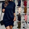 Damen Casual High Neck Langarm Hip Pack Unregelmäßiges Kleid Pullover Kleid