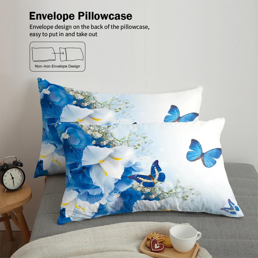 Třídílná sada povlaku na peřinu z prachového peří s modrým motýlkovým květinovým potiskem (1 povlak na peřinu + 2 povlaky na polštáře, bez jádra) Měkká ložní souprava