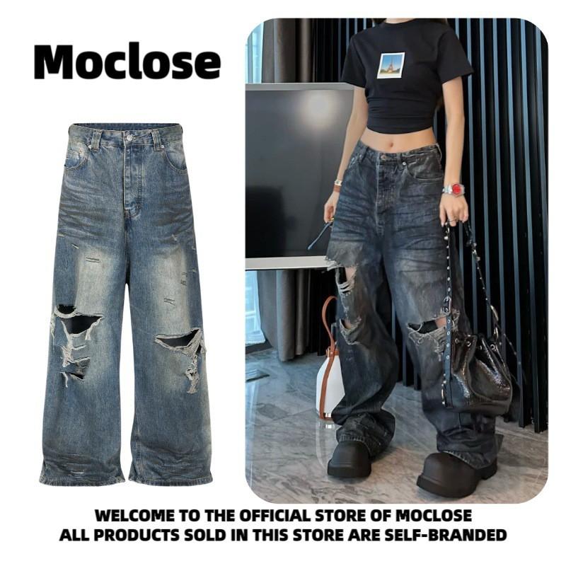 Mens Loose Fit Straight Leg Jeans Vintage Distressed Ripped Denim Pants Youth