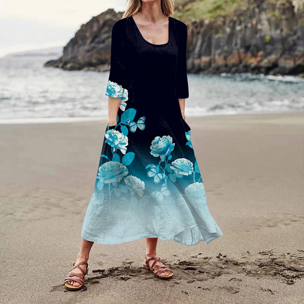 Summer Dress For Women Casual Printed Comfortable Fashion Printed 3/4 Length Sleeve Pocket Dress