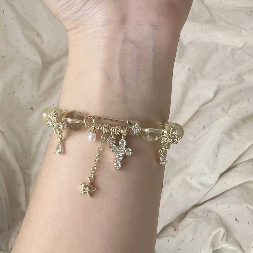 Premium Lace Bow Bracelet Niche Light Luxury Full Diamond Pin Buckle Cross Meteor Artificial Pearl Bracelet